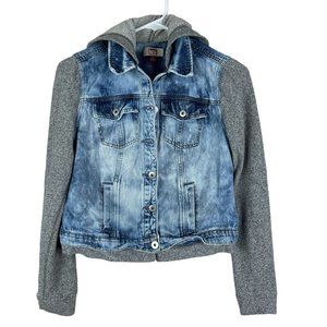 L.E.I. Jean Jacket‎ Juniors Size S Blue Gray Sweatshirt Sleeves Hooded Button Up